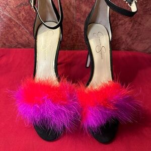 Jessica Simpson Black Ankle-Strap Heels with Red and Pink Feather Trim